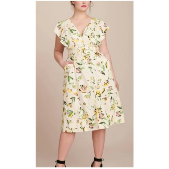 Tanya Taylor Inez Dress Lined V Neck Floral Midi Ivory 0 - Picture 2 of 16